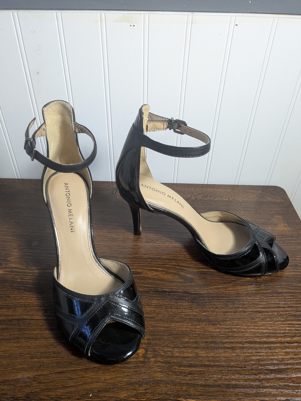 Antonio Melani Black Patent Leather Art Deco Peep Toe Ankle Strap Heels, SZ 6